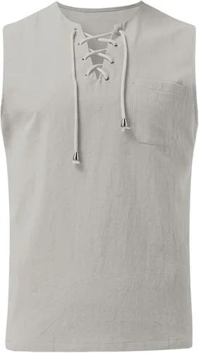 Miniatura 2 de DOUHEN Los hombres con cordones en la parte delantera Tank Top Primavera y Verano Tops Casual Deportes Sin Mangas Top Algodón Chaleco Sólido Fitness
