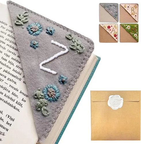 Miniatura 61 de Marcapáginas de esquina bordado a mano personalizado, 26 letras con costura a mano de fieltro, marcapáginas de esquina con bordado de flores lindo