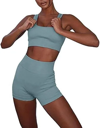 Miniatura 3 de fatty tiger Conjuntos de entrenamiento acanalados para mujer, 2 piezas, trajes de gimnasio, ombligueras, pantalones cortos de cintura alta