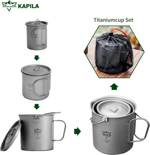 Miniatura 7 de KAPILA Taza de titanio de 16.9 fl oz, taza ligera para mochileros, camping, mango plegable, olla de titanio con tapa, camping, senderismo, picnic