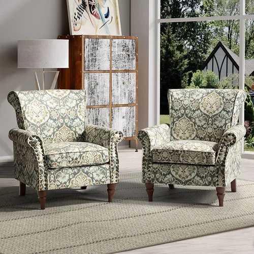 Miniatura 17 de HULALA HOME Silla moderna con respaldo de alas con patas de madera y cojín extraíble, cómodo sillón tapizado con ribete de cabeza de clavo, sofá
