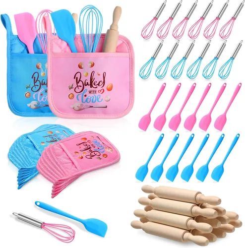 Miniatura 9 de RoundFunny 24 piezas de mini suministros para hornear para niños con utensilios de cocina, soportes para ollas, espátula, rodillo, batidor