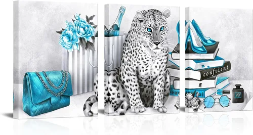 Visual Art Decor Arte de pared turquesa y gris, pintura de leopardo, impresiones en lienzo para dormitorio de niñas, decoración de pared de baño, 12