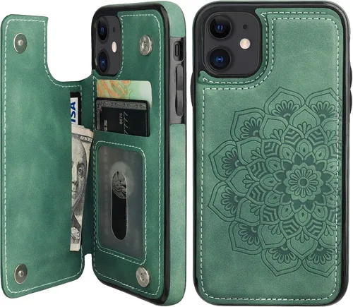 Miniatura 11 de Vaburs Funda compatible con iPhone 11 con tarjetero y diseño de mandala en relieve, piel sintética de alta calidad, doble botones magnéticos, a Gris