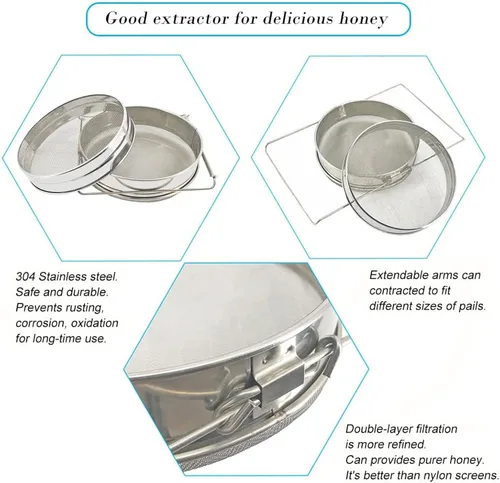 Miniatura 2 de Colador de miel para cubo de 5 galones de acero inoxidable doble tamiz filtro de miel para miel limpia con brazos extensibles de hasta 16.5 pulgadas
