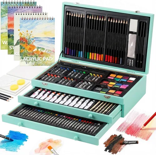 Juego de arte de lujo de 194 piezas, suministros de pintura y dibujo con 4 blocs de dibujo, pinturas acrílicas, crayones, set de lápices de colores