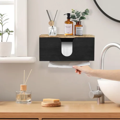Miniatura 5 de Paquete de 2 dispensadores de toallas de papel de madera maciza montados en la pared, soporte de toalla de papel plegado con tapa, plegable en C