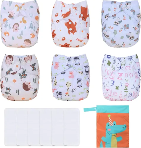 Miniatura 10 de TDIAPERS Pañales de tela reutilizables, lavables, de bolsillo, talla única, ajustable para pañales de tela a presión, paquete de 6 con 6 insertos
