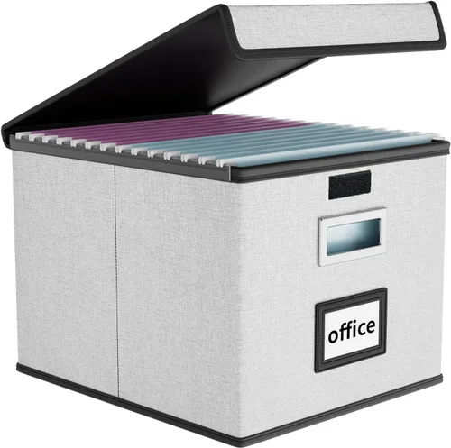 Miniatura 32 de Caja Organizadora de Archivos con Tapa, Caja Organizadora Plegable de Cuero Sintético para Carpetas Colgantes con Rieles de Plástico, Cajas (cuero)