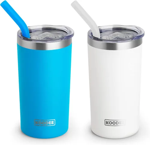 Miniatura 19 de Koodee - Vaso delgado de acero inoxidable de 20 onzas (4 unidades) aislado con doble pared, vaso de agua con 4 tapas, 4 popotes y 2 cepillos