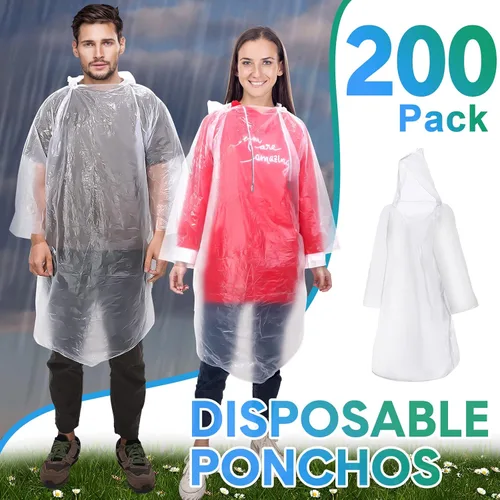 Miniatura 2 de 200 Ponchos de lluvia desechables para adultos, poncho de lluvia de emergencia a granel, transparente, impermeable, desechable, envuelto