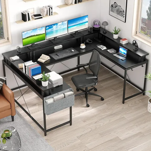 GAOMON Escritorio en forma de U, escritorio para juegos en forma de U de 79 pulgadas con soporte para monitor y luces LED, escritorio grande