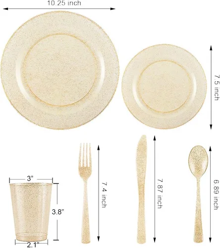 Miniatura 6 de I00000 150 PIEZAS Platos Desechables Dorados Cubiertos, Juego de Vajilla con Purpurina Dorada Incluye 25 Platos de Cena 10.25'', 25 Platos de Postre