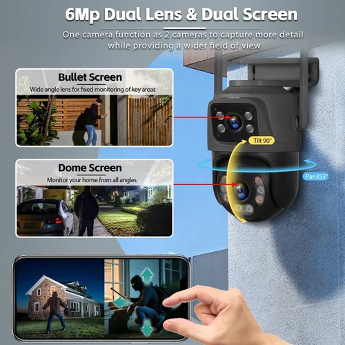 Miniatura 2 de Cámara de seguridad para exteriores de 6 MP, sistema de vigilancia PTZ de 360°, enlace de doble lente 2.4Ghz 24/7 Record IP67 Cámara WiFi