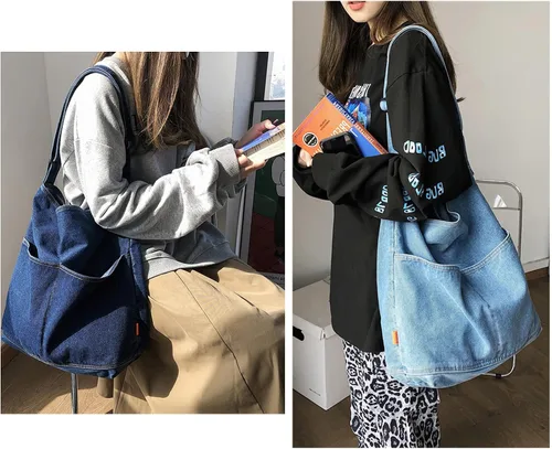 Miniatura 2 de KlaOYer Bolso bandolera de lona, bolso grande tipo hobo para la escuela, bolso de hombro con bolsillo para mujeres y hombres