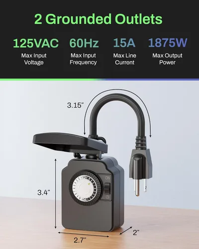 Miniatura 7 de BN-LINK Temporizador de luz mecánico para exteriores de 24 horas, impermeable, resistente, 15 A 1/2 HP, 1 toma de temporizador con conexión a tierra