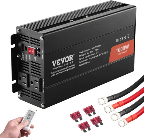 VEVOR Inversor de onda sinusoidal pura de 1000 W, inversor de corriente CC de 12 V a CA de 120 V con 2 salidas de CA, 1 puerto USB, 1 puerto tipo C,