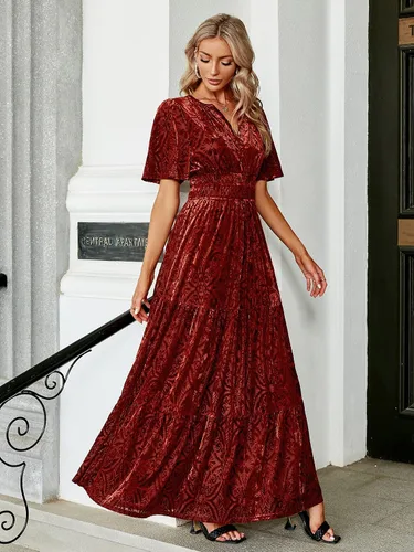 Miniatura 2 de Amegoya Vestido largo de terciopelo de manga corta con cuello en V para mujer, vestido largo formal para invitados de boda, otoño, noche, fiesta