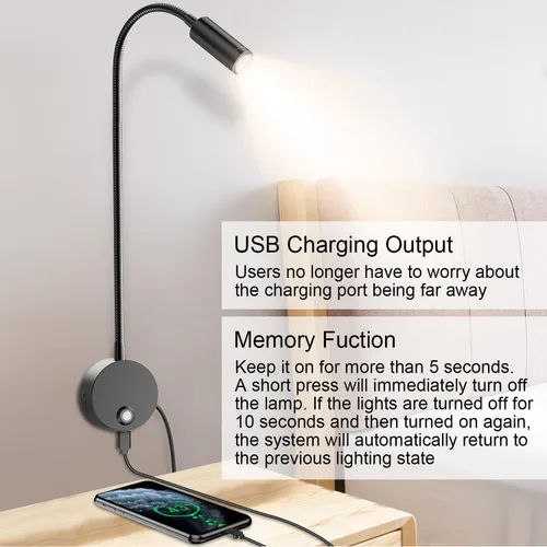 Miniatura 3 de Luz de lectura LED montada en la pared con cuello de cisne flexible de 15 pulgadas, luz de libro regulable para leer en la cama con puerto de carga