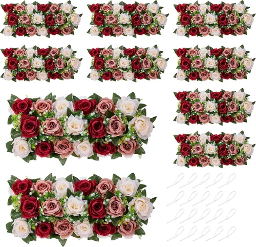 Miniatura 9 de NUPTIO Centros de mesa de flores artificiales para mesas, 6 unidades, color borgoña, rosa polvorienta y blanco cremoso, arreglos de rosas falsas