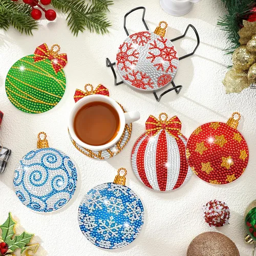 Miniatura 4 de 10 piezas de posavasos de arte de diamante con bola de Navidad DIY Posavasos de pintura de diamante rojo y verde con copo de nieve y alce de Navidad