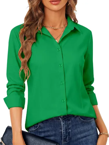 Miniatura 29 de BBIBBI Camisa de vestir elástica de manga larga con botones para mujer, blusa de trabajo casual de negocios (clásica, recortada y alta)