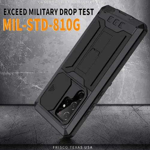 Miniatura 6 de Funda de metal compatible con Samsung Galaxy S22, resistente al polvo, de grado militar, con cubierta deslizante para cámara y soporte plegable