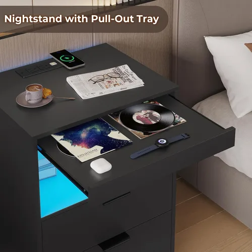 Miniatura 4 de ADORNEVE Mesita de noche LED negra con estación de carga inalámbrica, 2 cajones, moderna mesa auxiliar de dormitorio con luces LED, mesa de noche