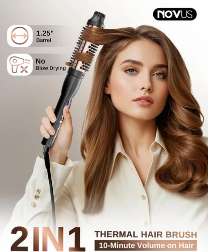 Miniatura 2 de Cepillo térmico redondo calentado: Peine de pelo caliente 2 en 1 con 9 ajustes de temperatura para alisar y rizar el cabello - herramienta