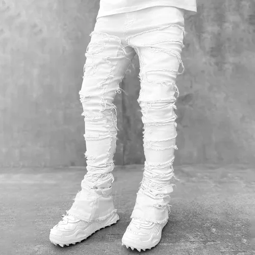 Miniatura 4 de Mxiqqpltky Jeans apilados para hombre, ajustados, rectos, negros, rasgados, ajustados, desgastados, pantalones de mezclilla destruidos, ropa de calle