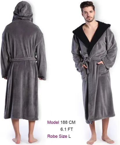 Miniatura 2 de KEMUSI Bata de baño de longitud completa suave con capucha para hombre, cómodo camisón cálido de longitud completa