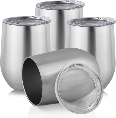 DOMICARE - Juego de 4 vasos de vino de 12 onzas con tapa, hechos de acero inoxidable con aislamiento al vacío de doble pared, color acero inoxidable