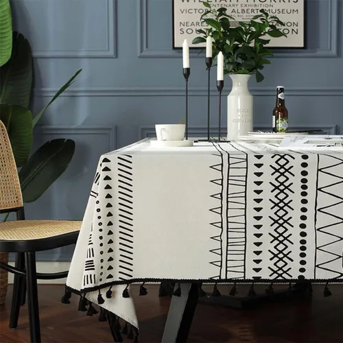 Colorigan Mantel rectangular de lino de algodón con diseño boho, mantel de mesa de granja, mantel oblongo, sin arrugas, para interiores y Lino Crema