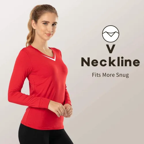 Miniatura 5 de MANCYFIT Tops térmicos para mujer, camisa con forro polar, manga larga, capa base, cuello en V
