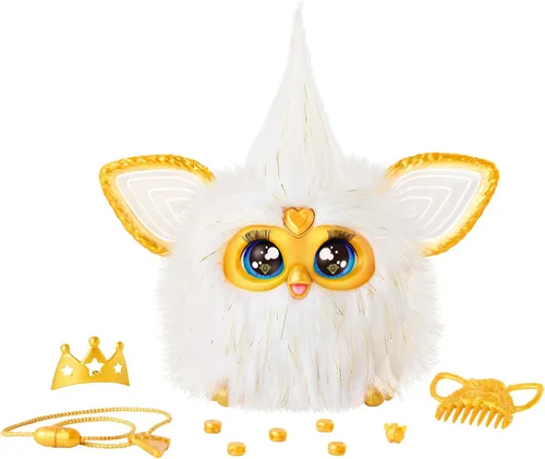 Furby Gold Glam - Juguetes interactivos de peluche para niñas y niños de 6 años en adelante, animatrónico activado por voz, habla inglés y furbish,