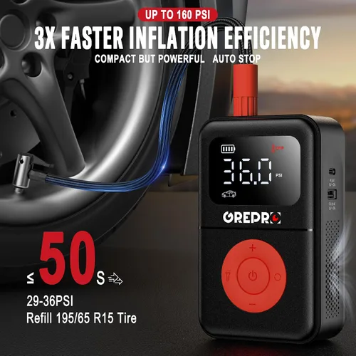 Miniatura 2 de GREPRO Inflador de neumáticos, compresor de aire portátil, bomba de aire portátil de 160 PSI con medidor de presión digital, luz LED y múltiples