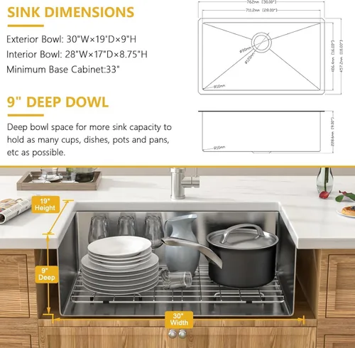 Miniatura 2 de Fregadero de cocina empotrado 30 - Fregadero empotrado de 30"x19" de acero inoxidable calibre 16 de un solo tazón debajo de la encimera