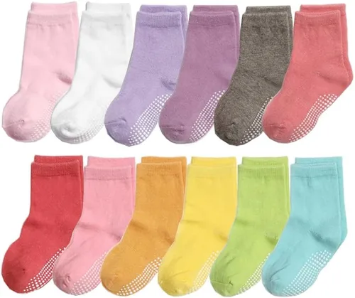 CHUNG Calcetines antideslizantes de algodón para niños pequeños con agarre inferior para niños y niñas, 12 pares