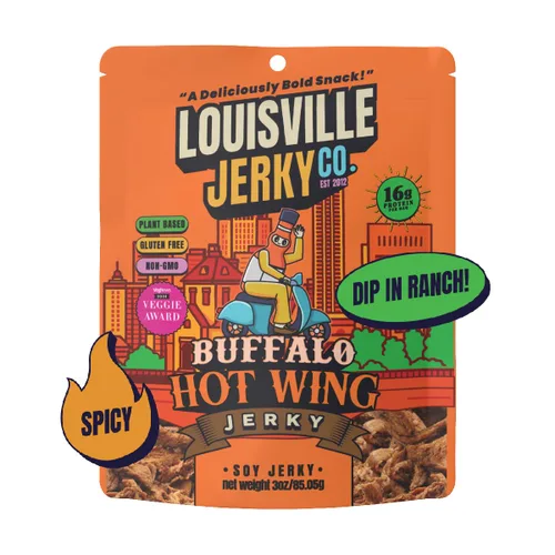 Louisville Vegan Jerky - Buffalo Hot Wing Carne vegana y vegetariana - Cecina para morder los labios - Snacks veganos altos en proteínas sin gluten,