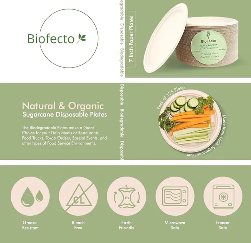 Miniatura 2 de Platos de papel 100 % compostables de 7 pulgadas (paquete de 125 unidades) Plato resistente, plato desechable natural, respetuoso con el medio