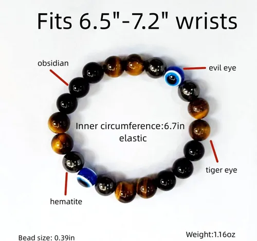 Miniatura 4 de Pulseras de triple protección con piedra de ojo de tigre de obsidiana negra con hematita para hombres y mujeres, pulsera de piedra curativa