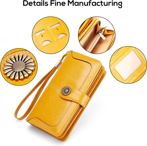 Miniatura 6 de INSIFEEL Billetera pequeña para mujer bolso compacto de cuero con bloqueo RFID RFID para mujer Amarillo Retro