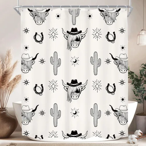 Western Highland Cow Shower Curtain 60Wx72H Inches Farmhouse Southwest Cowboy Cattle Sun and Moon Rustic Cute Animal Beige Cactus Retro Fabric