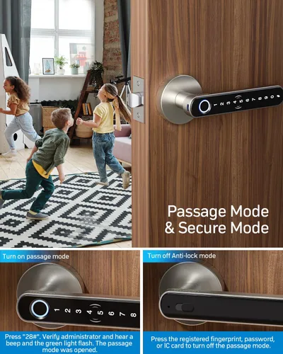 Miniatura 12 de TMEZON Cerradura inteligente para puerta, huella digital, cerradura de puerta de entrada sin llave con asa, tarjetas APP/IC/códigos/llaves/huellas