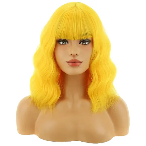 Miniatura 43 de BERON 14 Inches Ash Blonde Wig with Bangs Short Curly Wig Short Ash Blonde Bob Synthetic Wigs for Women Daily Halloween Party or Cosplay Hairnet