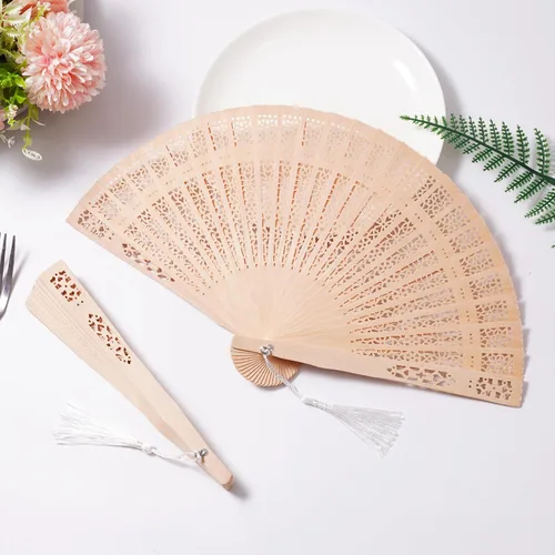 Miniatura 4 de Sepwedd Juego de 50 abanicos de madera de sándalo, abanicos de mano para baby shower, recuerdos de fiesta con bolsas de organza y borlas, ventilador