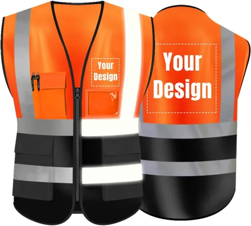Miniatura 8 de Chaleco de seguridad de alta visibilidad con tiras reflectantes, personaliza tu logotipo Hi Vis, chaleco de trabajo al aire libre con 5 bolsillos