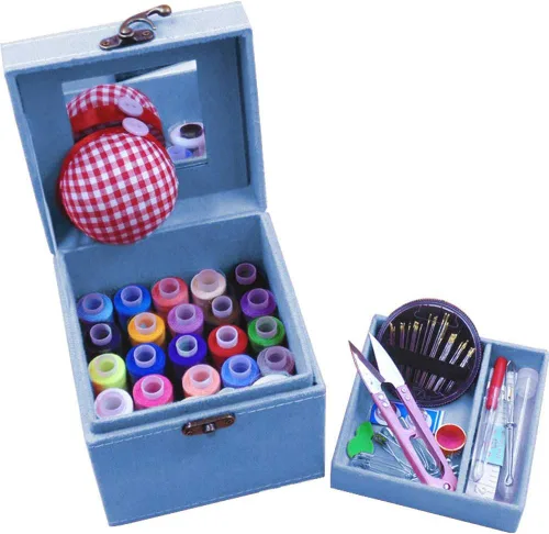 Kits de costura de 2 capas con caja vintage, accesorios de costura, kits de suministros para adultos, niños, principiantes, cesta de costura de Azul