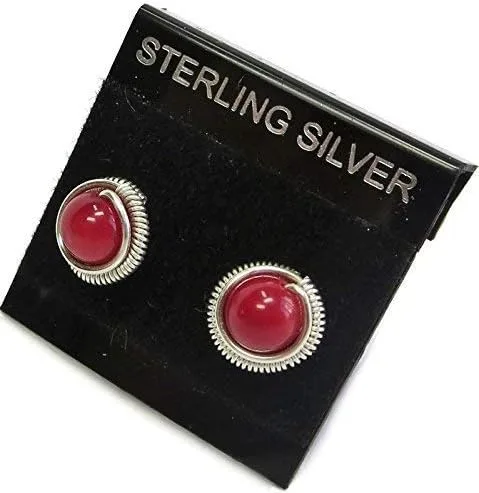 Miniatura 3 de Red Coral & Sterling Silver Coiled Stud Post Wire-Wrapped Earrings