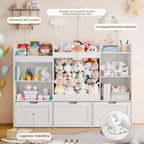 Miniatura 3 de Organizador de almacenamiento de juguetes para niños de 61 pulgadas de ancho con estantería, organizadores de juguetes extra grandes con Blanco